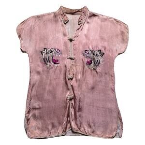 Vintage 1950s Japanese Sukajan Changshan Shirt Pink Tokyo WWII Souvenir RARE